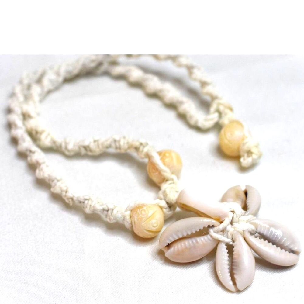 Vintage Island Cowrie/Nassa Shell Flower Etched Beads Braided Hemp 15" Necklace